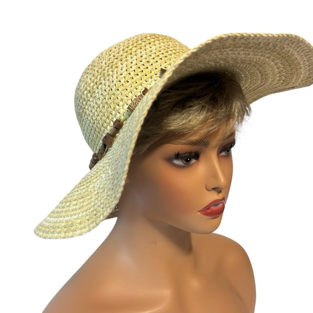 JHATS Wide Brim Floppy Straw Hat Boho Vacation Brown beads LIKE NEW